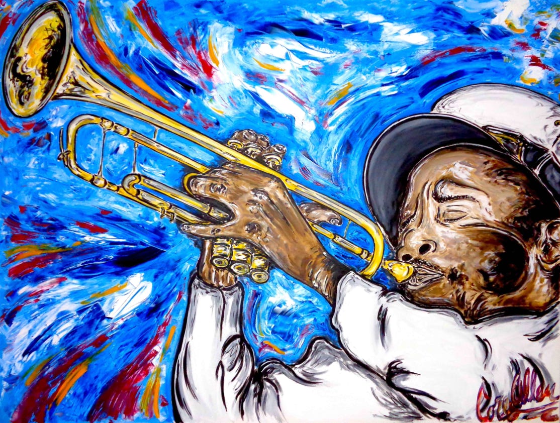 Trumpet player hittin a loud note in the Treme neighborhood of New Orleans. Moss Street Gallery